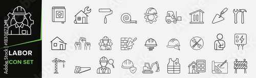 Comprehensive set of labor and construction industry line icons showcasing essential tools, safety gear, and building elements for various professional uses