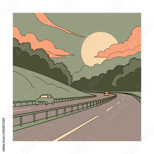 A serene cartoon illustration of a highway at sunset, with cars driving through a peaceful landscape under a pastel sky, creating a calming atmosphere