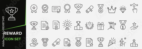 Set reward icons representing achievement success victory and recognition in a modern line art style. 