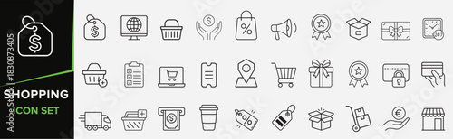 Set of shopping icons illustrating e-commerce concepts such as online transactions, secure payments, delivery services. Shopping icon set.