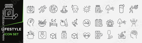 Lifestyle icons illustrating comprehensive healthy lifestyle concepts including physical activity, balanced diet, mental wellness, and self-care for digital use