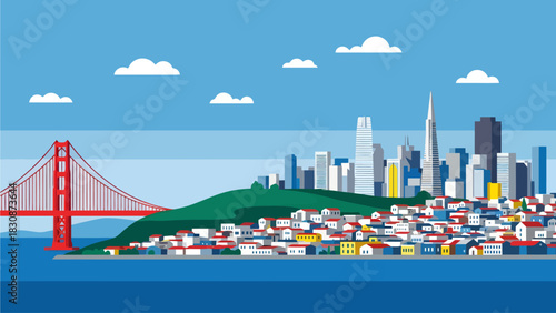 A vibrant flat-style illustration depicts San Francisco, featuring the red Golden Gate Bridge spanning blue waters beside green hills dotted with colorful homes and a towering metropolitan skyline