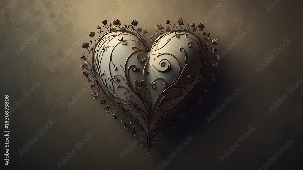 Fototapeta premium Ornate heart with intricate scrolling details on a textured background, artfully crafted and detailed.