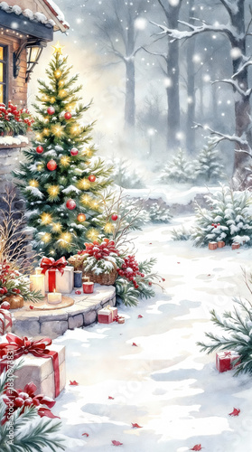 Festive christmas tree with gift boxes in snowy winter holiday scene outside cozy house. peaceful and magical day