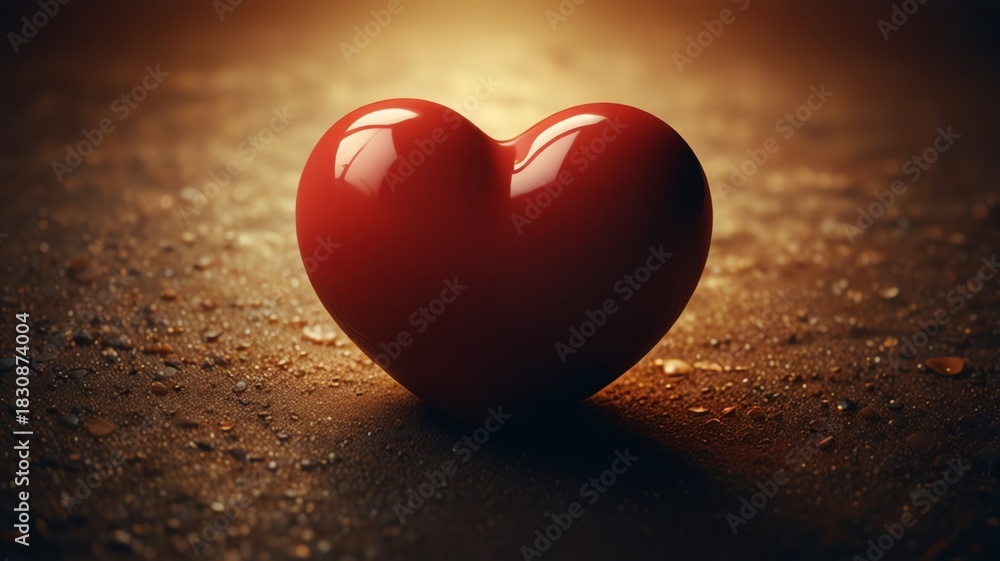 Fototapeta premium Red heart on textured surface, warm lighting, symbolizes love, passion, and emotion.