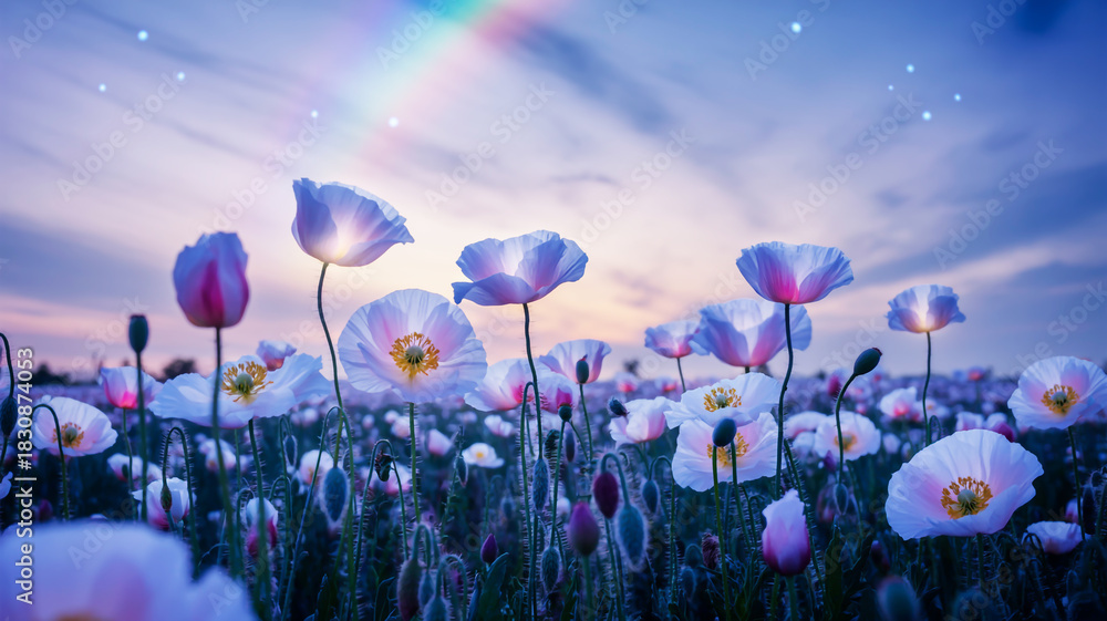 Fototapeta premium A breathtaking field of white poppies under a vibrant twilight sky, illuminated by a brilliant rainbow and twinkling stars, evoking a sense of magical serenity in nature