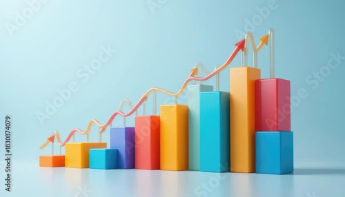 A dynamic 3D bar chart with a rising arrow illustrating business growth, financial success, and market performance analysis