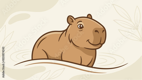 Charming cartoon capybara floating in serene water smiling happily.