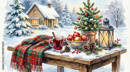 Cozy festive christmas watercolor of mulled wine on wooden table with snowy cottage and lantern in winter landscape