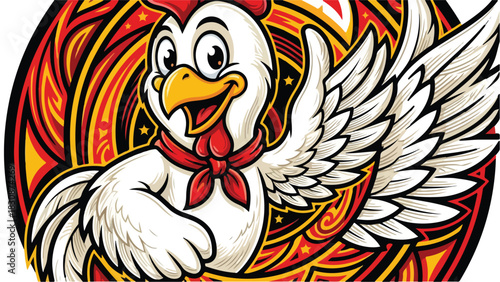 Cheerful cartoon chicken with open wings and a red scarf smiling widely.