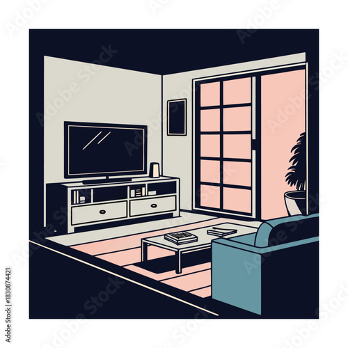Illustration of a modern living room interior with a television, furniture, and a sliding glass door, creating a cozy and stylish indoor scene