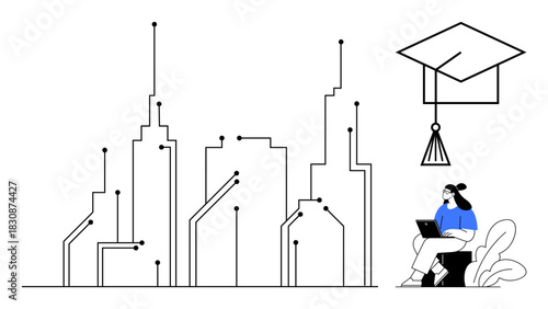 Digital cities concept. Digital cities by networked buildings, integrating advanced technology. Digital integration supports education, innovation, and smart urban development. For education systems