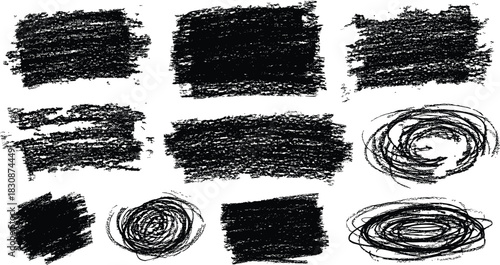 Collection of nine black hand drawn scribbled textured squares and circles