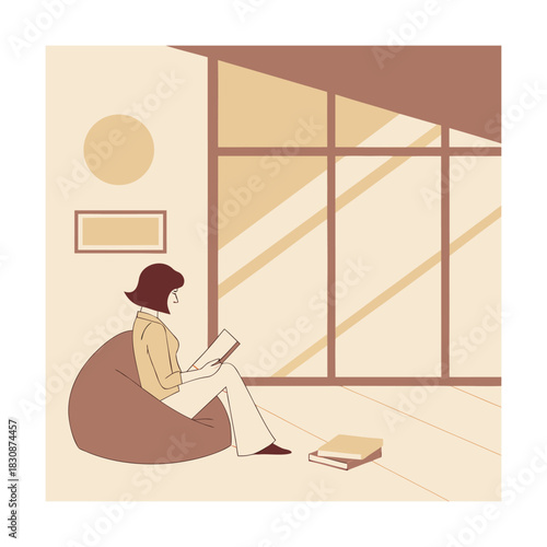 A woman is reading a book while sitting on a beanbag chair near a window, enjoying the sunlight and the peaceful atmosphere isolated on