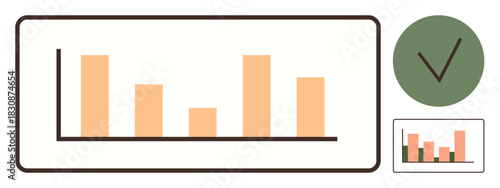 Bar graph with varying heights represents data metrics, accompanied by a checkmark for validation. Ideal for analysis, statistics, performance, reports, auditing, decision-making progress. Simple