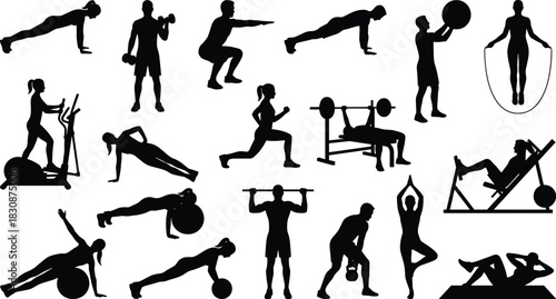 Fitness and Gym Workout Silhouettes Vector Set, People Exercising with Weights, Ball, and Cardio Equipment, Training, Healthy Lifestyle, and Bodybuilding