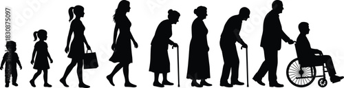 Human Life Cycle and Aging Process Silhouette Vector, Stages of Life from Baby to Elderly Person in Wheelchair, Growth, Generations, and Longevity Concept