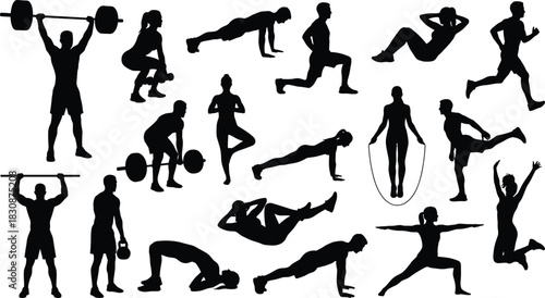 Large Fitness Training Silhouettes Vector Set, People Exercising with Weights, Yoga, Running, and Various Strength Workouts, Health and Active Lifestyle