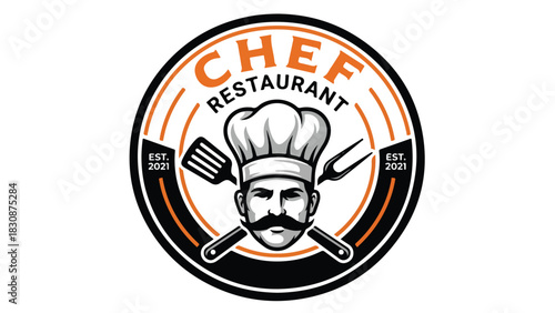 Chef Restaurant Logo Design Featuring Culinary Tools and Chef.