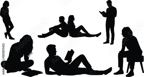Vector Silhouettes of Young People Reading and Relaxing, Students Studying, Couple Sitting Back-to-Back, Education, Literature, and Leisure Time Concept