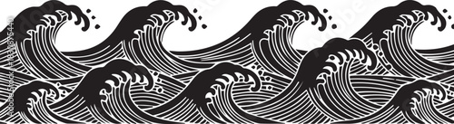 Stylized black and white illustration of a series of crashing ocean waves