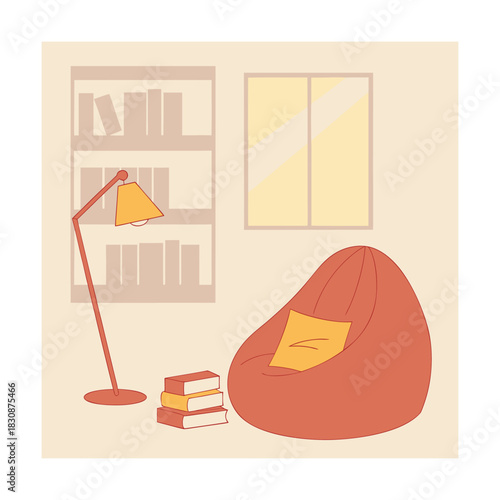 Comfortable reading corner with beanbag chair, lamp, and bookshelf, perfect for relaxation and enjoying a good book isolated on