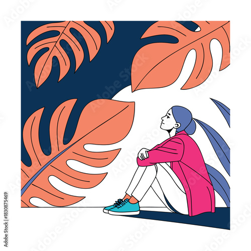 A woman sits in contemplation amidst giant leaves, creating a serene and introspective scene, surrounded by natures beauty and a sense of peaceful solitude