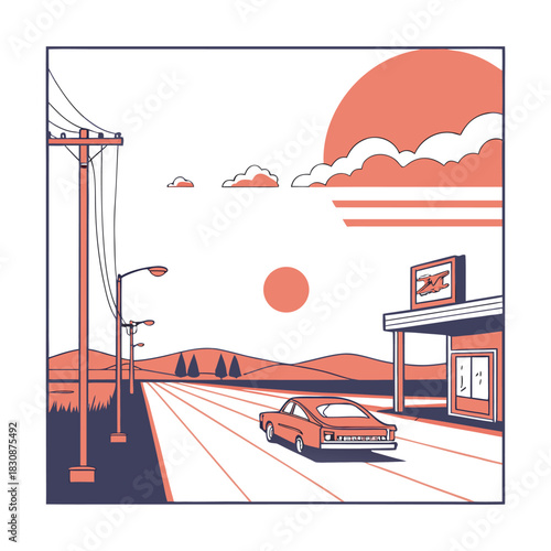 Retro illustration of a car driving down a highway towards a gas station at sunset, evoking a sense of nostalgia and freedom on the open road