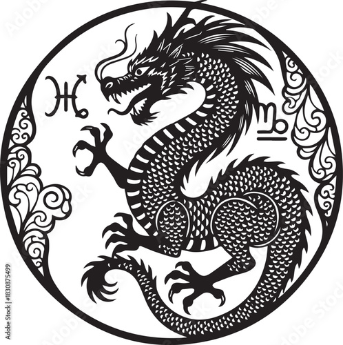 Traditional chinese dragon illustration with zodiac symbols in circle