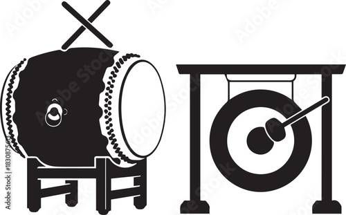 Traditional asian drum and gong silhouette on white background