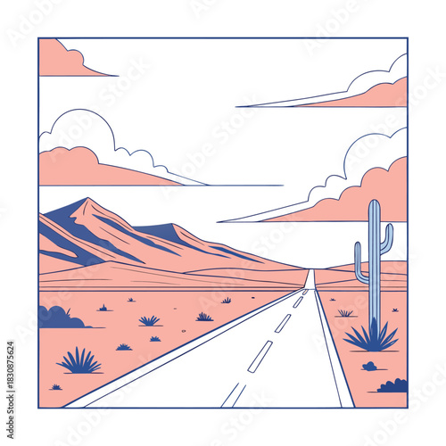 A desert road illustration with mountains in the background, a cactus on the right, and a clear sky with clouds