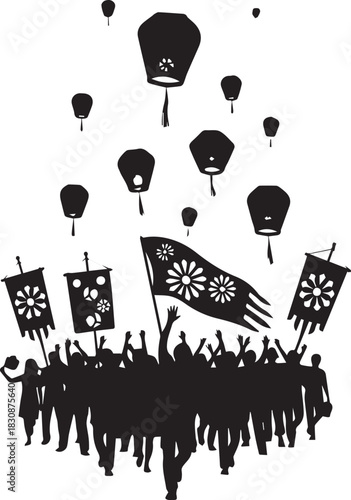 Silhouette of a crowd releasing sky lanterns and holding banners