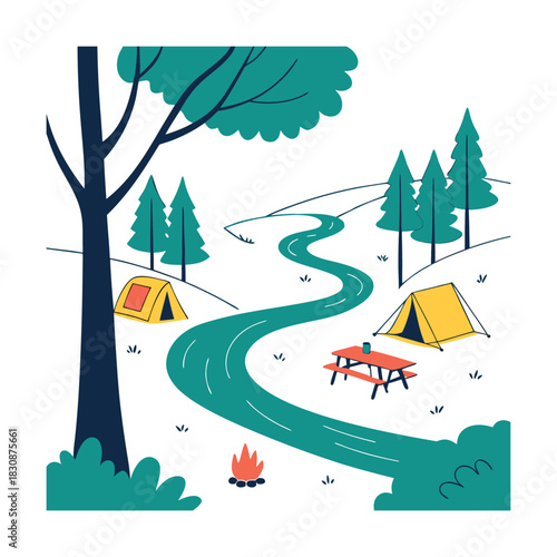 Whimsical camping scene illustration isolated on featuring tents, a river, trees, a picnic table, and a campfire in a colorful and playful style