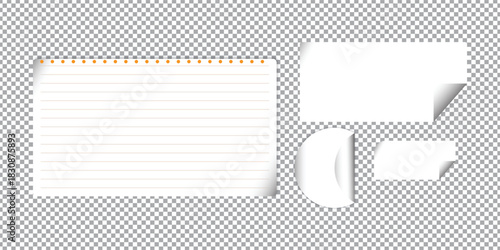 Various white paper notes with curled corners and lined sheet