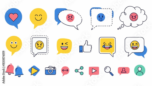 Social media icons emoji set communication bubbles notification alerts and user profile vector illustration brazil ceara