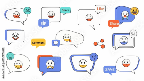 Emoticons social media communication network chat bubble message comment like share save expression vector brazil ceara