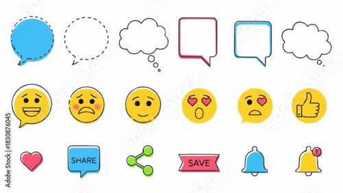 Social media emoji icons vector set: speech bubbles, emoticons, like, share, save, notification symbols vector brazil ceara