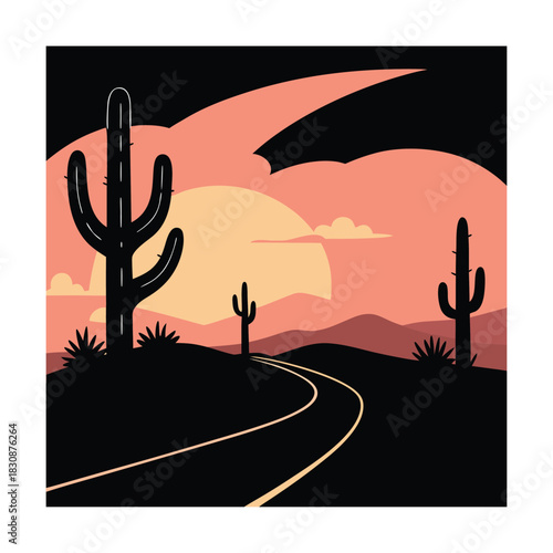 A desert landscape with cacti, mountains, and a winding road at sunset, capturing the beauty and solitude of the american southwest scenery