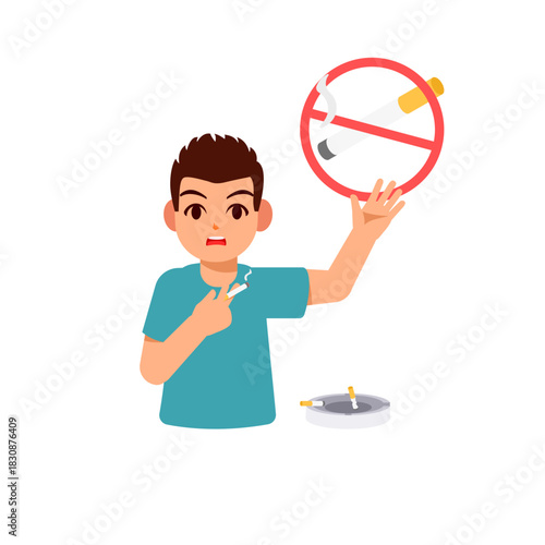 Vector illustration featuring a young man experiencing a moment of panic and shock after realizing he is smoking in a strictly prohibited area.