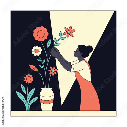 A woman arranges vibrant flowers in a vase, bathed in a spotlight, creating a striking contrast against the dark background, showcasing her artistic flair