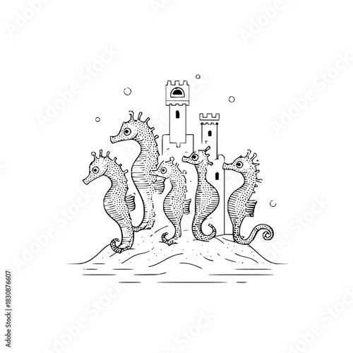 Five seahorses standing near a sandcastle on a sandy hill with bubbles in a black and white drawing
