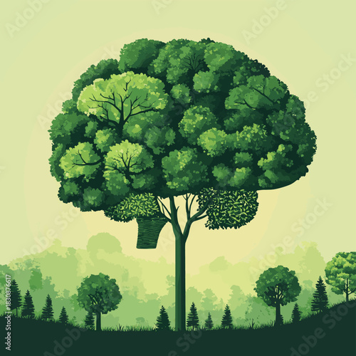 Green tree in the shape of a human brain in the middle of nature with trees Environmentally sustainable IT copy space , vector style simple color