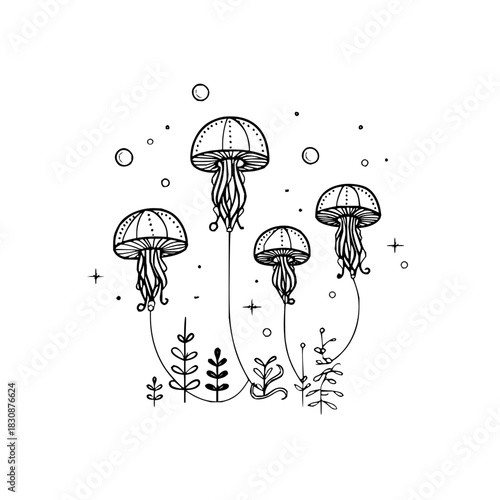 A whimsical illustration of four jellyfish floating above stylized plants and bubble elements in black and white