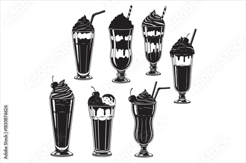 A collection of decadent black and white illustrated ice cream floats
