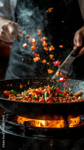 A vibrant dish with vegetables and spices, cooked in a fiery wok, conveys the dynamism and aroma of Asian cuisine — a suitable backdrop for culinary blogs or restaurant advertisements.