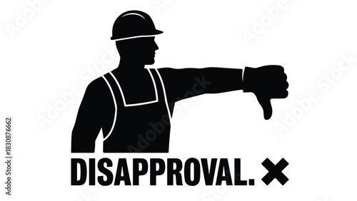 Construction worker silhouette with thumbs down expressing disapproval concept.