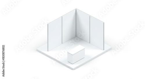 Blank white isometric exhibition booth with a small counter, isolated on a clean background, ready for customization.