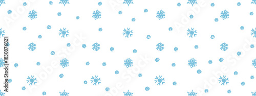 Crayon winter pattern with falling snow. Christmas blue background with white hand drawn snowflakes and dots with chalk texture. Abstract seamless pattern with white circles, vector illustration