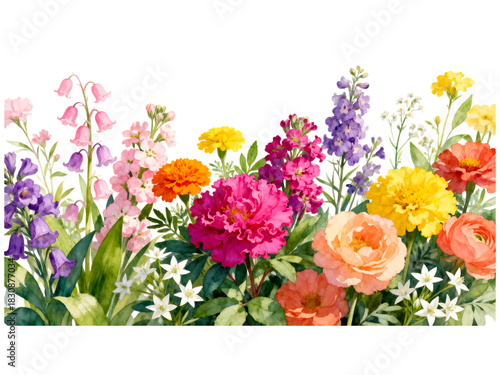 Wallpaper Mural Vibrant watercolor garden border with pink purple yellow orange flowers watercolor, flowers, floral, garden, border, pink, purple, yellow, orange, red, green, nature, bloom, blossom, botanical, illust Torontodigital.ca