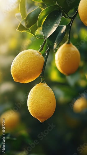 Ripe lemons on a branch under the sun's rays create a bright accent for a culinary blog or advertisement for natural products, ideal as an atmospheric background.
